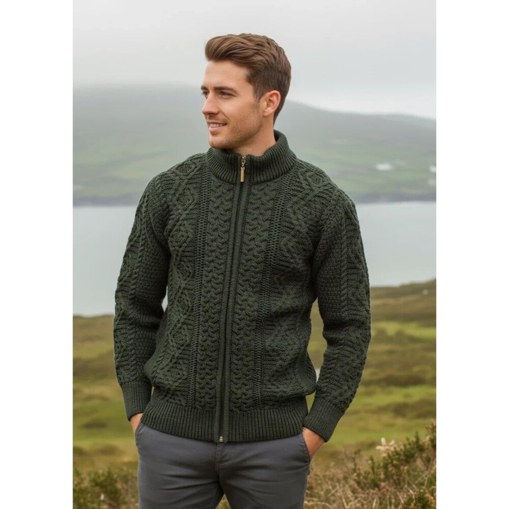 NWT Original Aran Cable Knit Wool Cardigan Sweater Green Mens M‎ Irish Fisherman